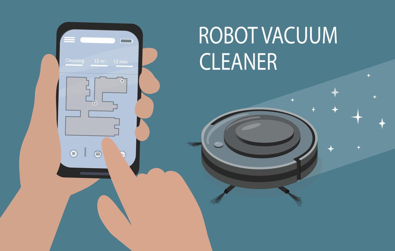 A smartphone app to control the robot vacuum cleaner. Modern smart home appliances for cleaning apartments. Smart appliances vector