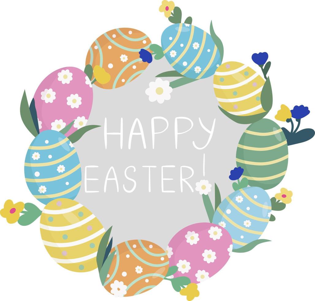Easter card. Wreath of painted colored eggs and flowers. Symbols of the religious holiday of Great Easter vector