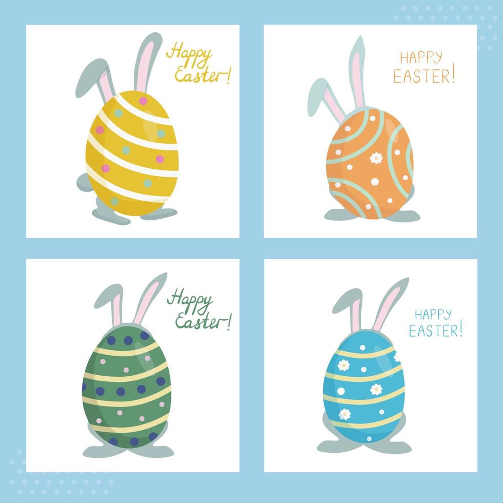 A set of Easter cards. A rabbit with long ears hides behind a colored painted egg. Symbols of the religious holiday of Great Easter vector