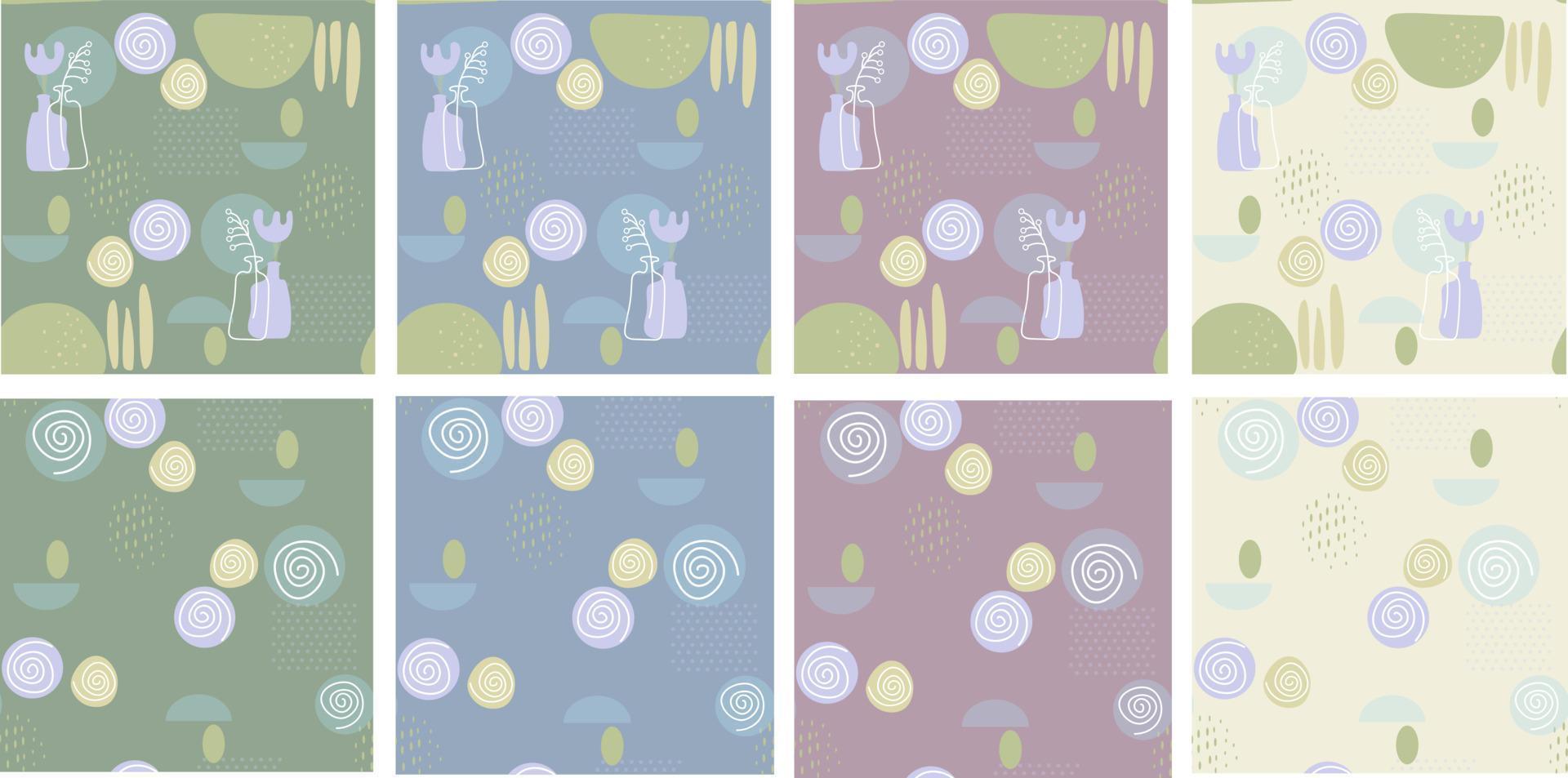 A set of stylish vector seamless patterns in pastel colors. Natural abstract shapes and natural botanical elements. The concept of balance, harmony and ecology