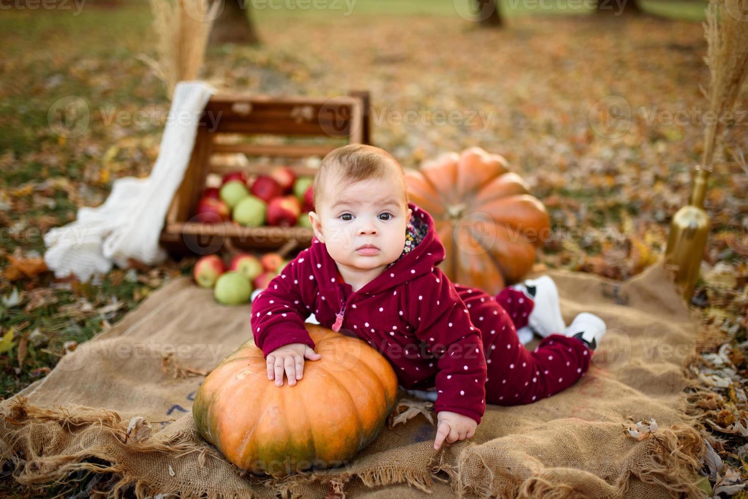 la niña se apoya en una calabaza. foto