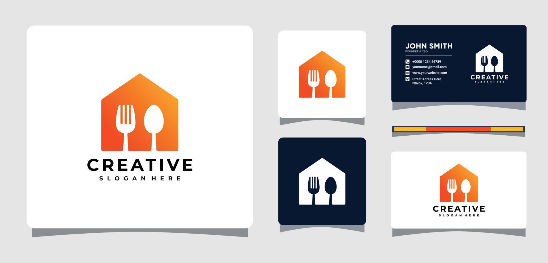 plantilla de logotipo de casa con cuchara y tenedor con inspiración para el diseño de tarjetas de visita vector