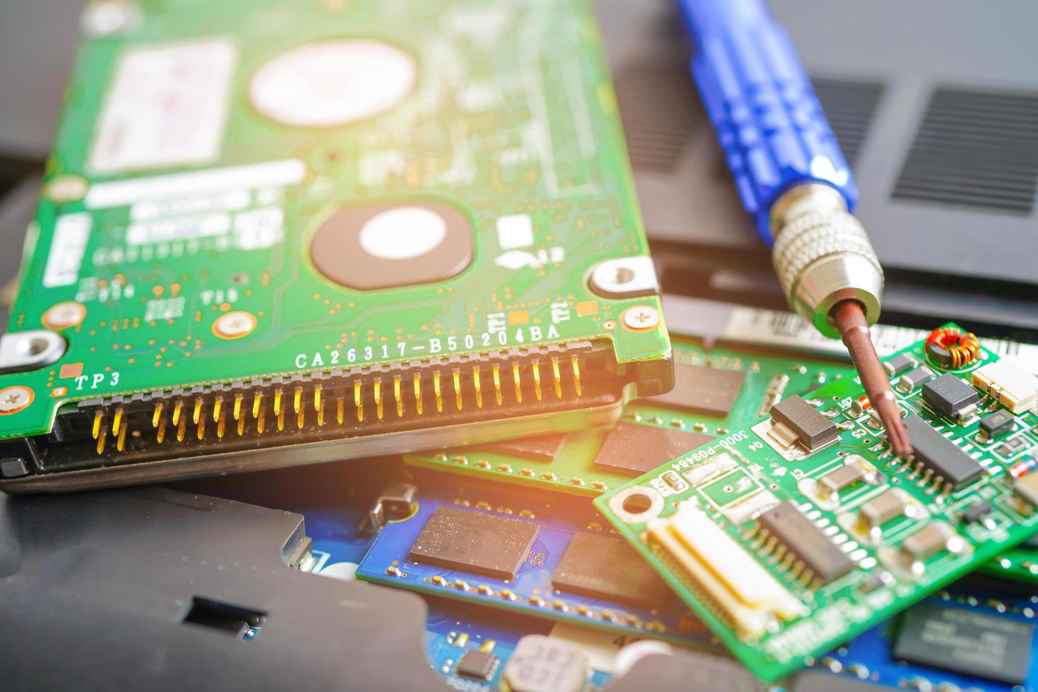 Repairing and upgrade circuit mainboard of notebook, electronic, computer hardware and technology concept. photo