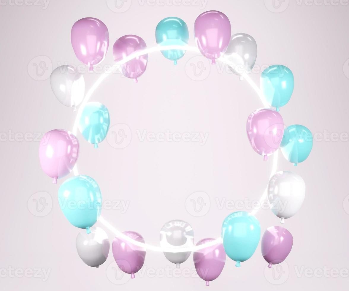 Representación 3d globo azul rosa flotando con luz y espacio para texto sobre el concepto de fondo de revelación de género, boda, cumpleaños, plantilla de tarjeta de invitación de fiesta. foto