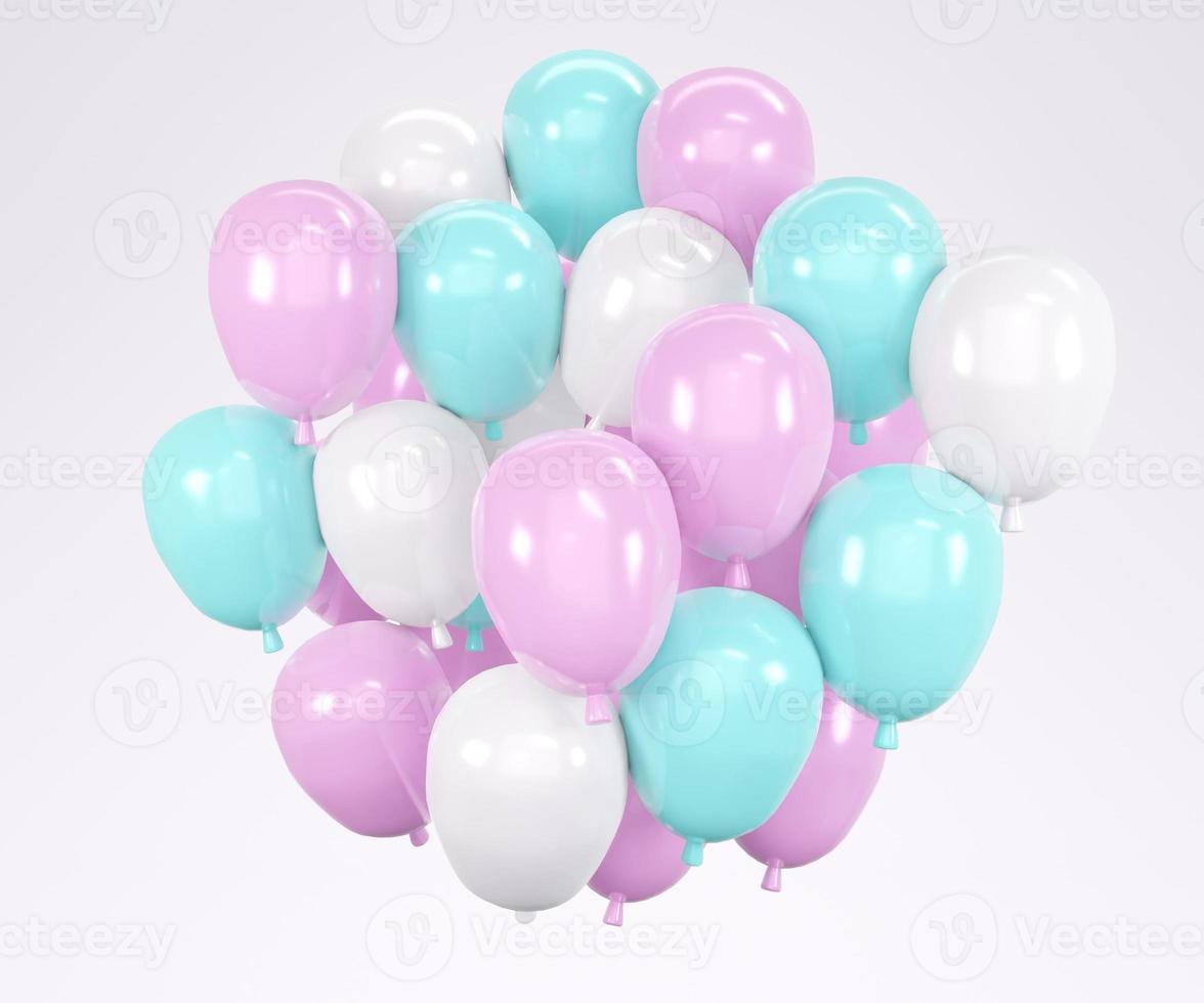 Representación 3d globo azul rosa flotando en el concepto de fondo de revelación de género, boda, cumpleaños, plantilla de tarjeta de invitación de fiesta. foto