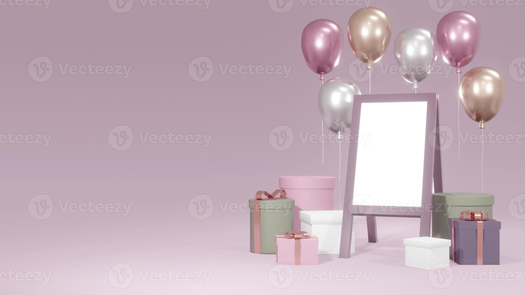 3D Rendering concept of empty street standing white board with present boxes and balloons on pink background for commercial design. 3D Render. photo