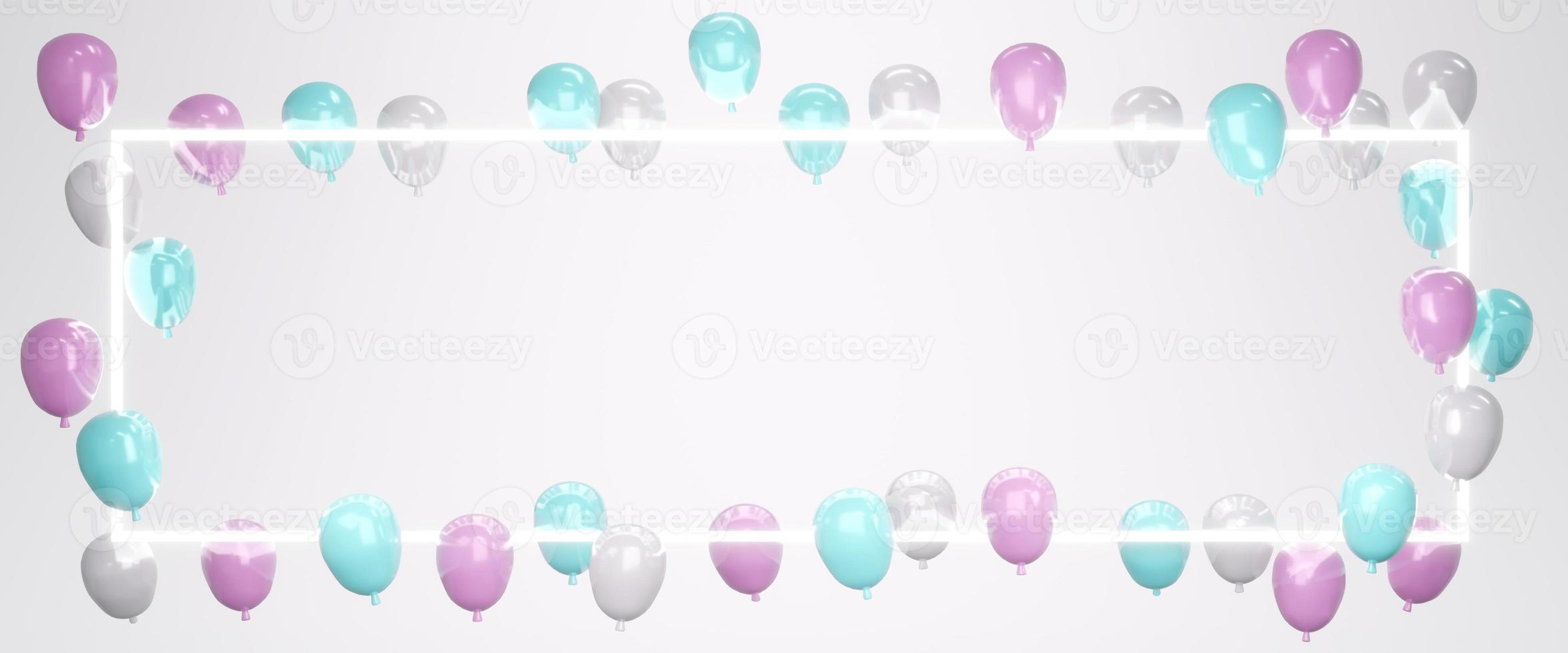 3D Rendering pink blue balloon floating with light and space for text on background concept of gender reveal, wedding, birthday, party invitation card template. photo
