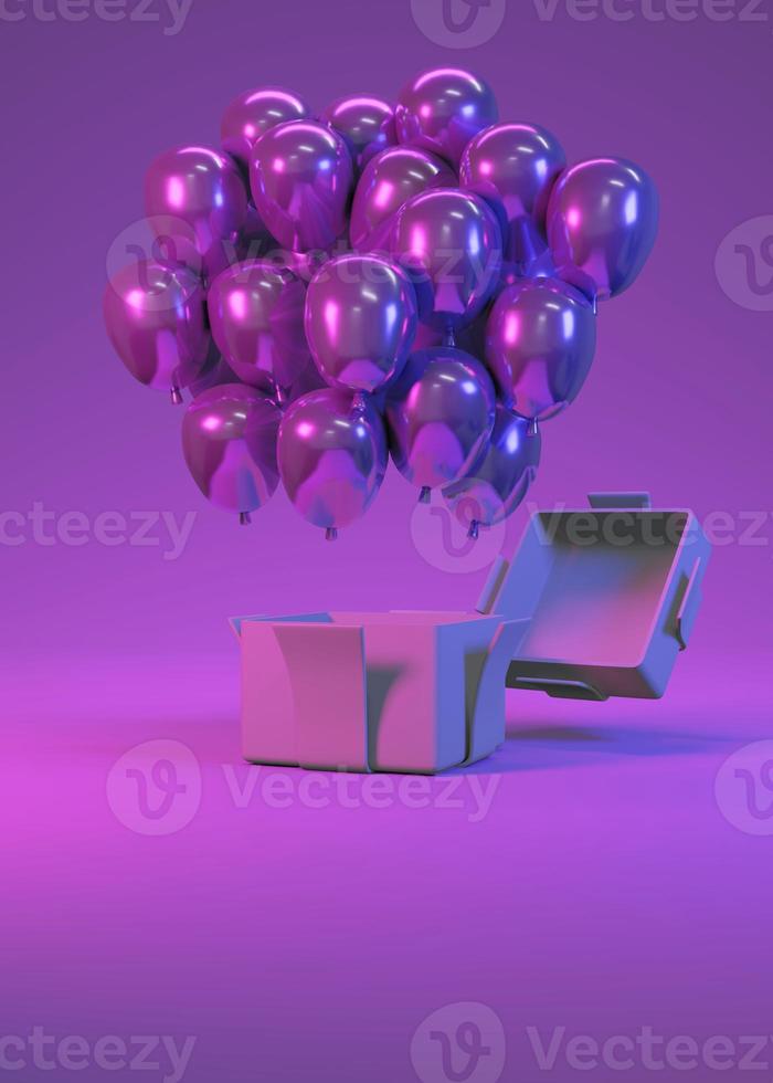 3D Rendering concept of party backdrop. Abstract futuristic light color balloons floating from gift box on background. Invitation card. 3D Render. 3D illustration. photo