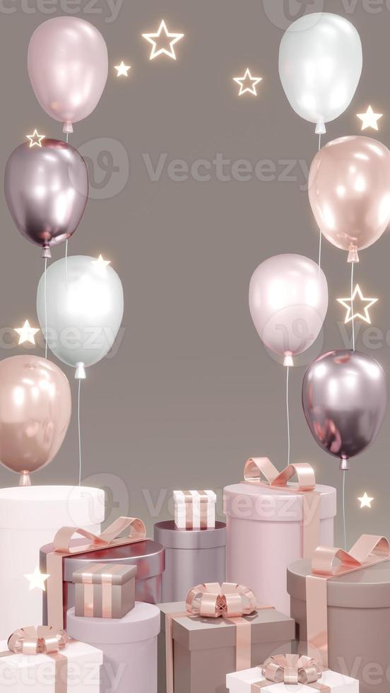 3D Rendering concept of podium with present boxes, balloons and shiny stars on background for commercial design. 3D Render. photo