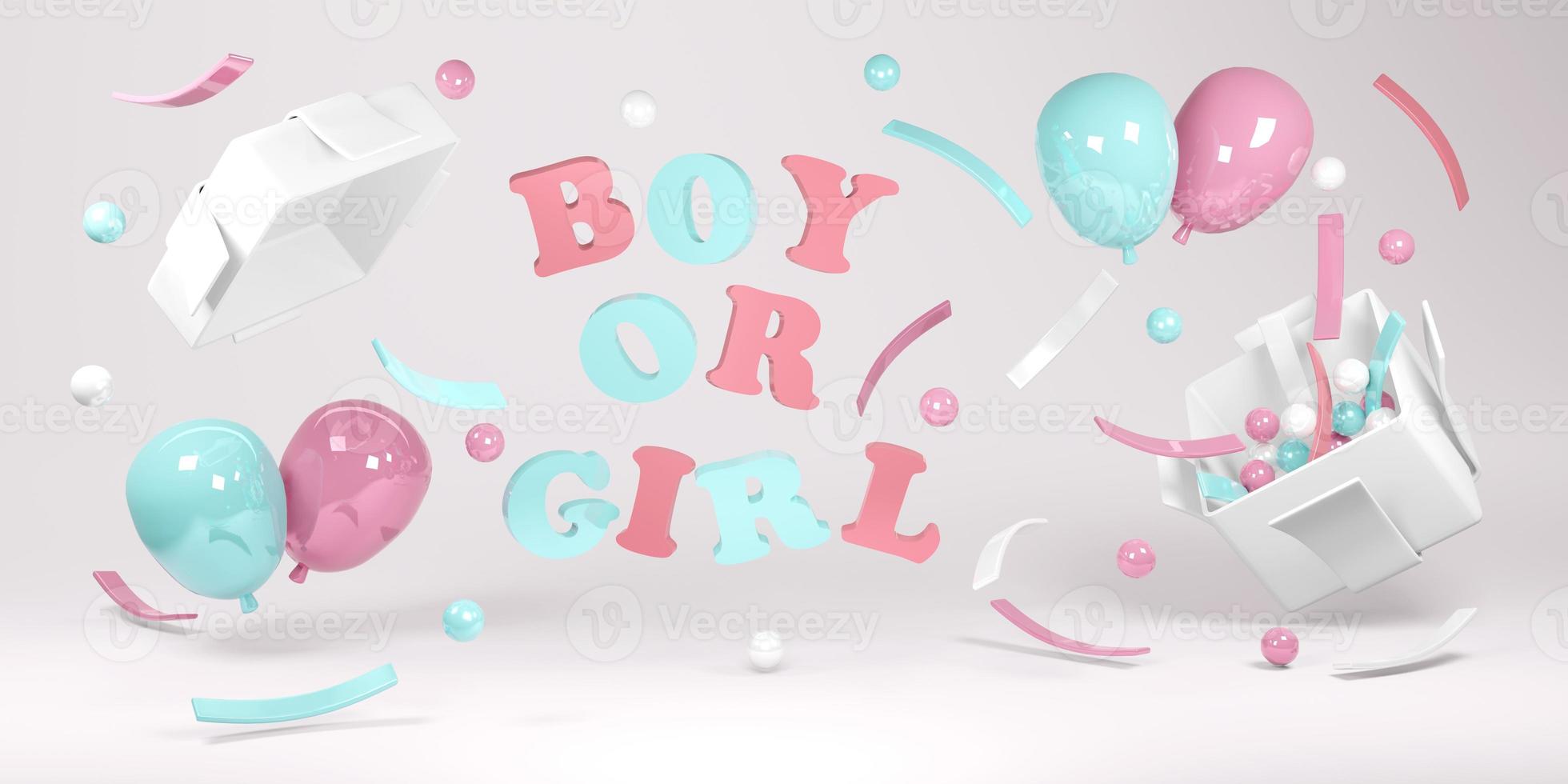 3D Rendering concept of gender reveal. Realistic blue and pink pastel balloons and confetti floating from gift box with text happy birthday background. 3D Render. 3D illustration photo