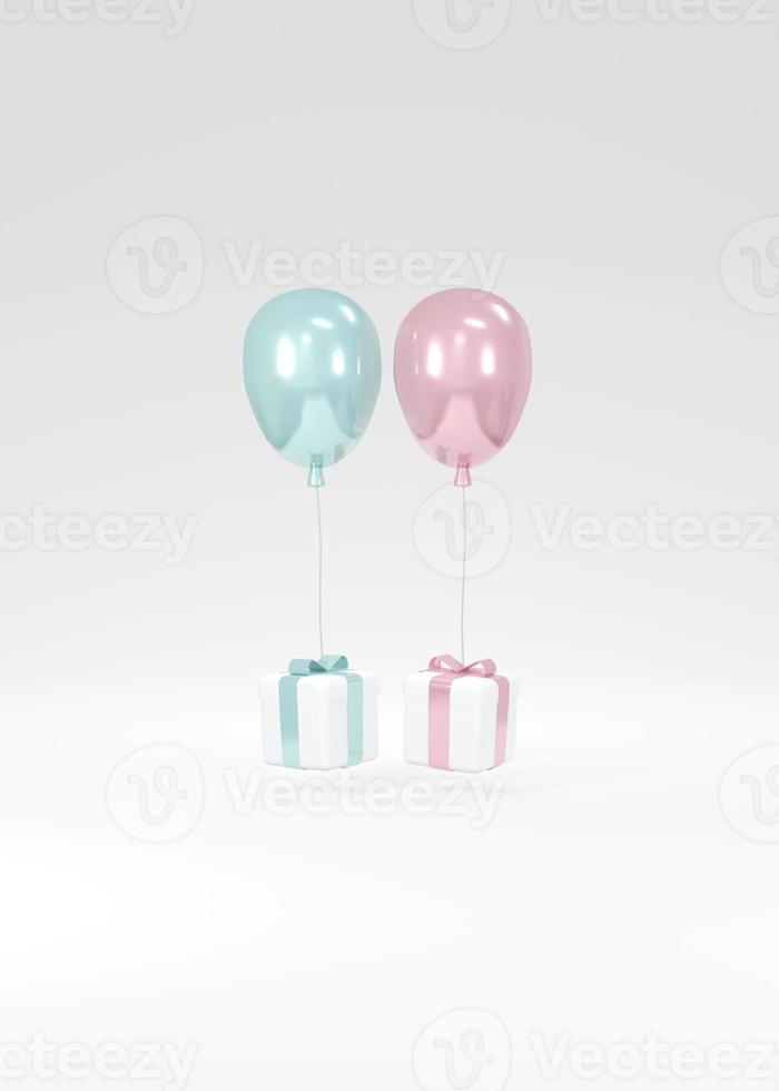 3D Rendering concept of gender reveal, wedding, birthday. Realistic pastel blue and pink balloons floating from gift box on background. 3D render. 3D illustration. Minimal idea. Invitation card. photo