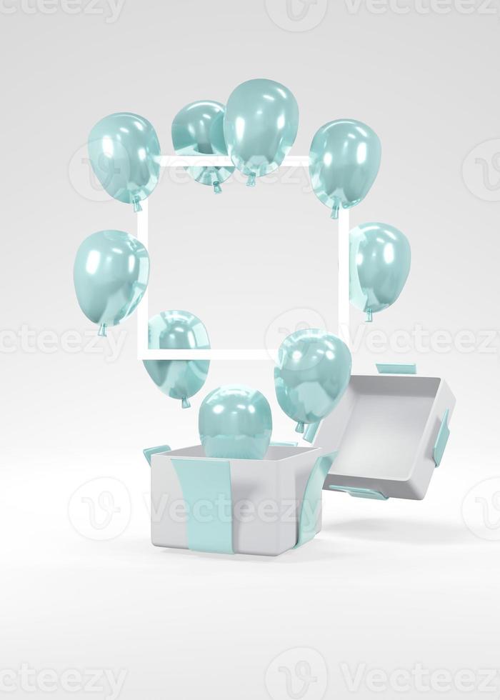 3D Rendering concept of gender reveal, baby shower, birthday party. Realistic blue pastel balloons floating from gift box on white background. Invitation card. 3D Render. 3D illustration. photo