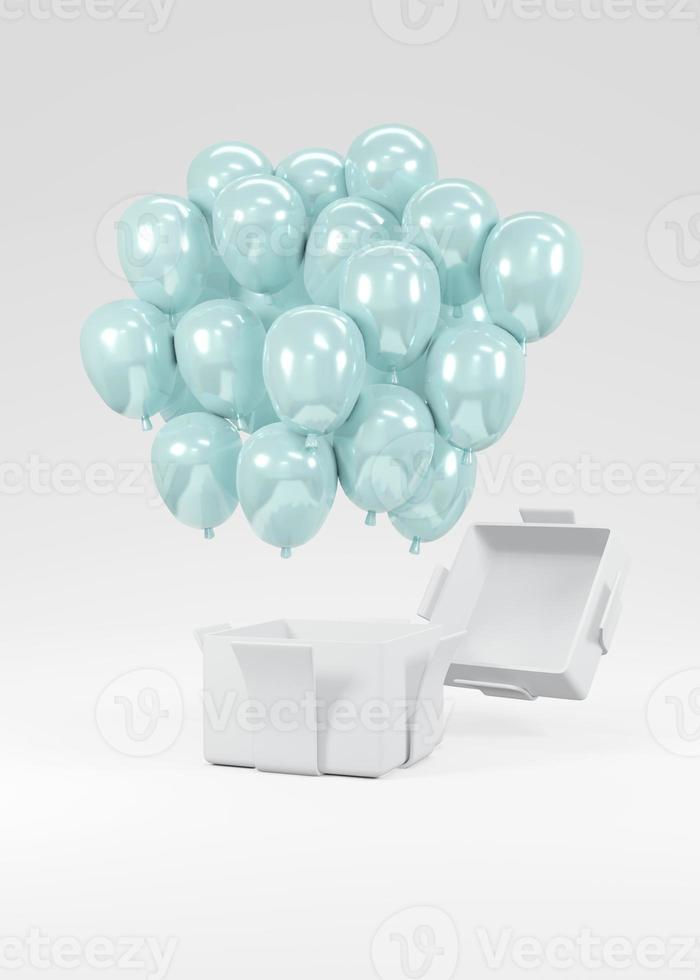 3D Rendering concept of gender reveal, baby shower, birthday party. Realistic blue pastel balloons floating from gift box on white background. Invitation card. 3D Render. 3D illustration. photo