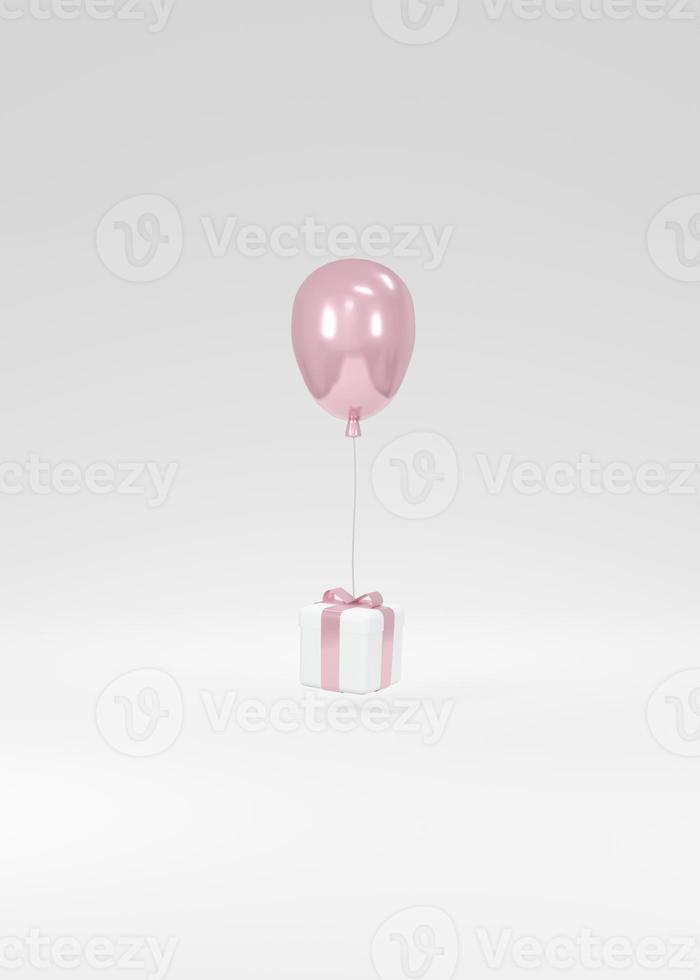 3D Rendering concept of gender reveal, wedding, birthday. Realistic pastel pink balloons floating from gift box on background. 3D render. 3D illustration. Minimal idea. Invitation card. photo