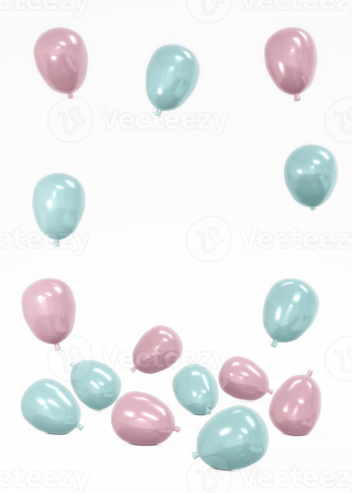 3D rendering of realistic blue and pink balloons with empty space for text. Background for birthday, anniversary, wedding, holiday congratulation banners. Festive template for social media. 3D render. photo