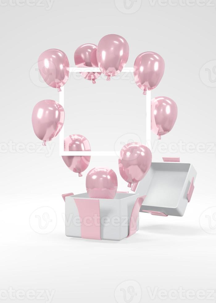 3D Rendering concept of gender reveal, baby shower, birthday party. Realistic pink pastel balloons floating from gift box on white background. Invitation card. 3D Render. 3D illustration. photo