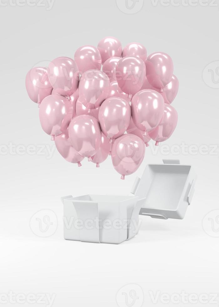 3D Rendering concept of gender reveal, baby shower, birthday party. Realistic pink pastel balloons floating from gift box on white background. Invitation card. 3D Render. 3D illustration. photo
