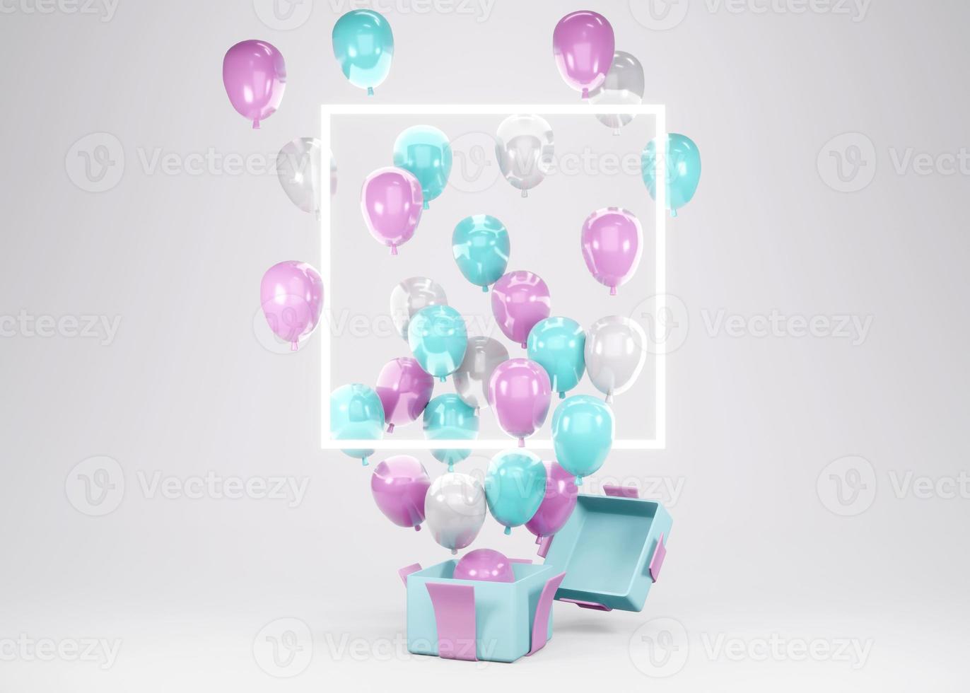 3D Rendering pink blue balloon floating from gift box with on background concept of gender reveal, wedding, birthday, party invitation card template. photo