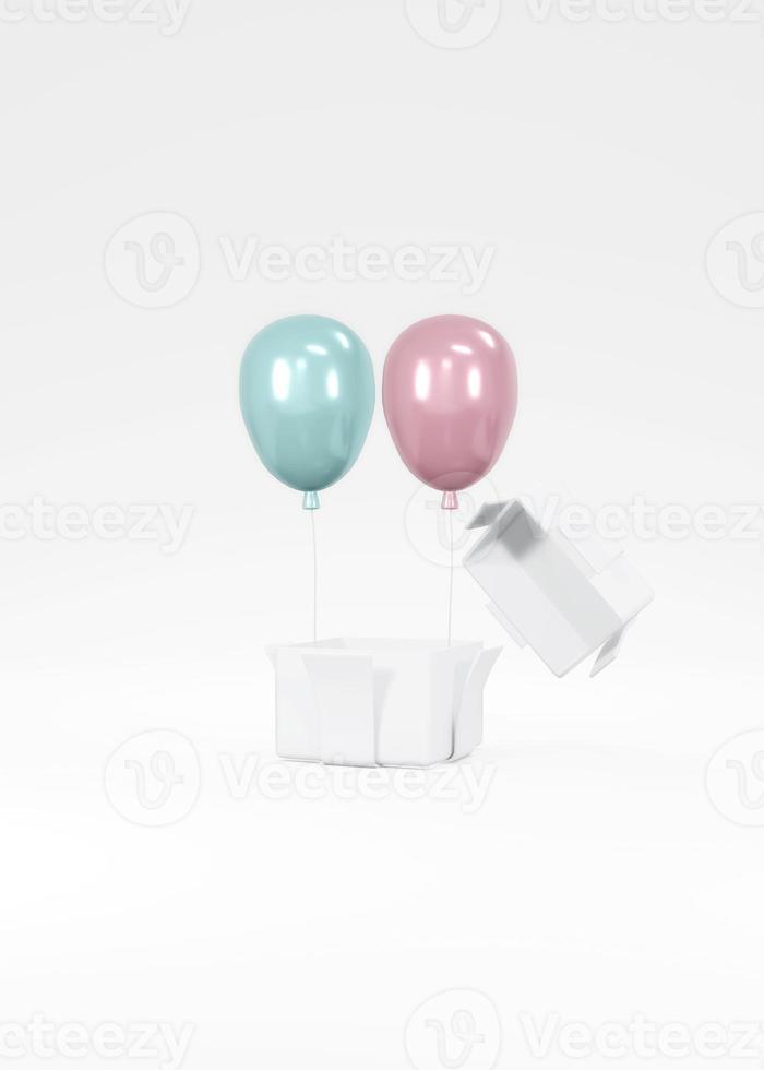 3D Rendering concept of gender reveal, wedding, birthday banner. Realistic pastel blue pink balloons floating from gift box on background. 3D render. 3D illustration. Minimal idea. Invitation card. photo