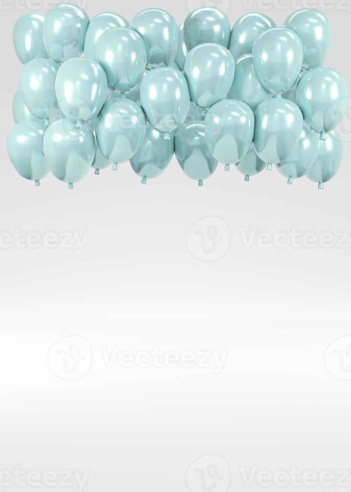 3D Rendering concept of gender reveal, baby shower, birthday party. Realistic blue pastel balloons floating on white background. Invitation card. 3D Render. 3D illustration. photo