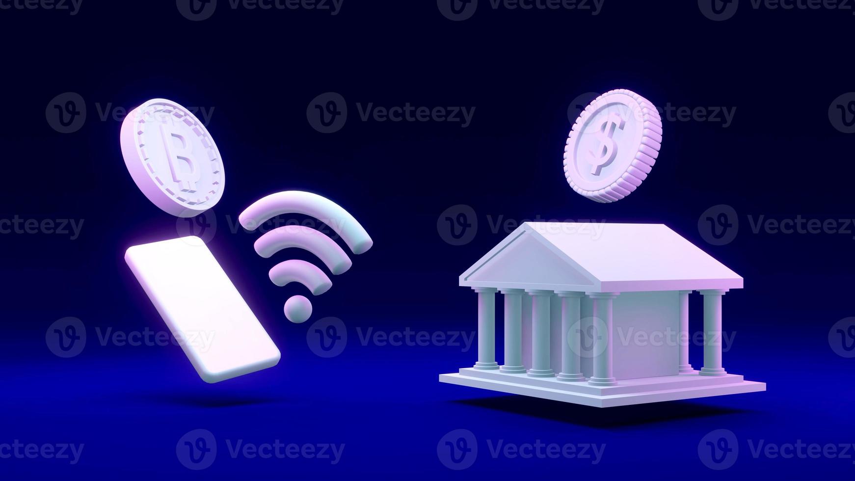 3D Rendering concept of money coins with B as referring to bitcoin blockchain with a phone and the internet symbol, dollar coin with a building as referring to a bank on background. photo