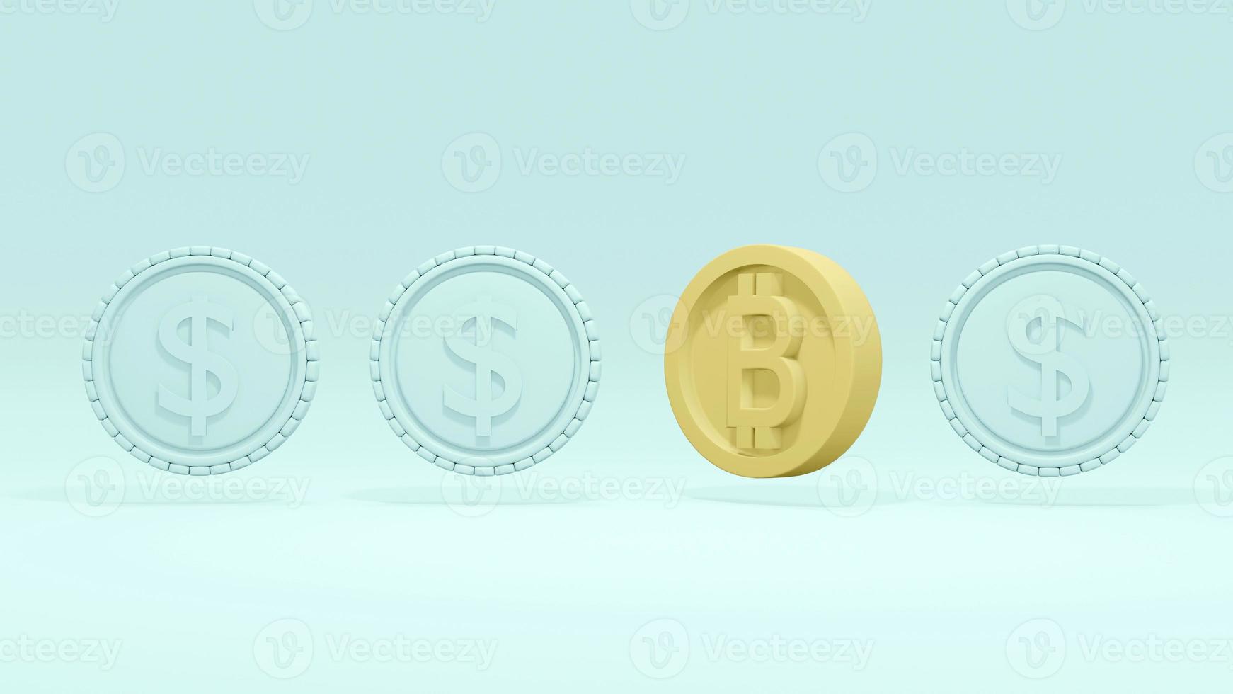 3D Rendering yellow coin with B standing out from coins with dollar concept of different money currency. Business concept. 3D rendering. photo