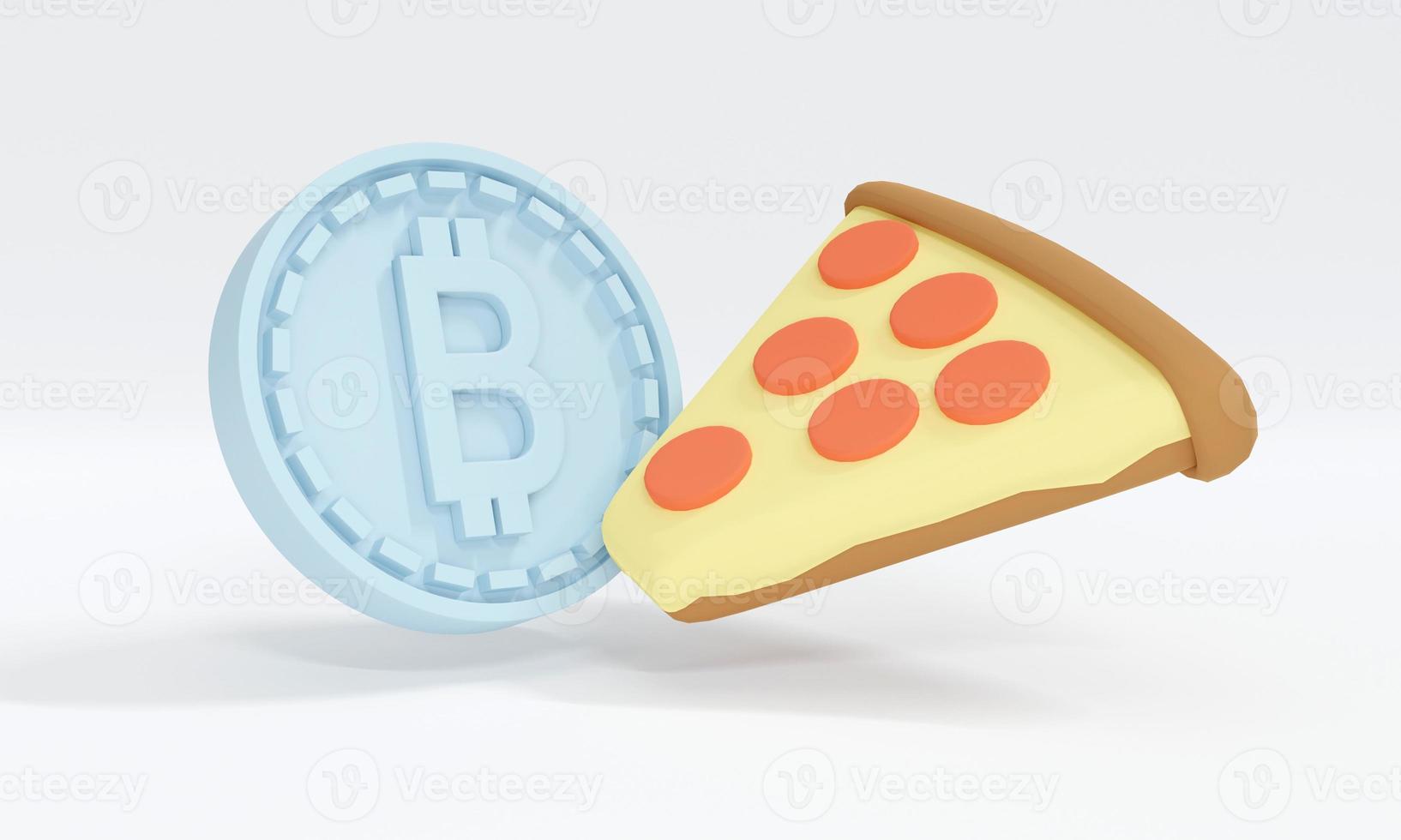 3D Rendering concept of Bitcoin Pizza day B coin and a slice of pizza in cartoon style 3D render illustration Minimal photo