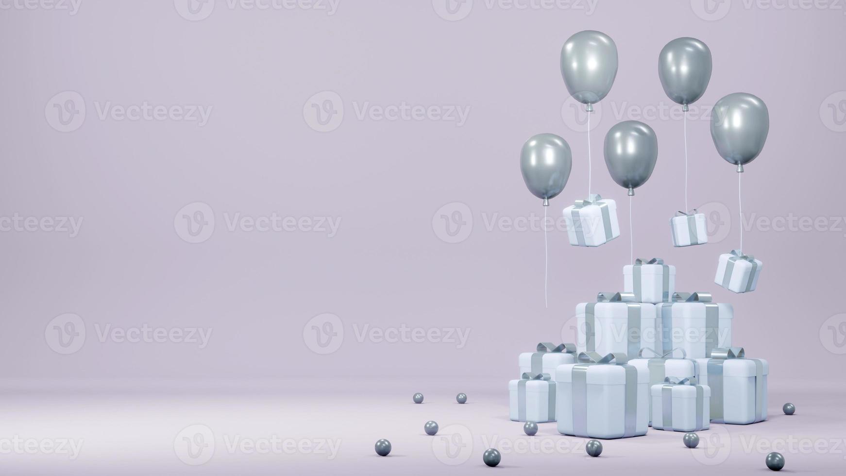 3D Rendering concept of anniversary. stack of gift boxes, balloons floating for commercial design. Blue Theme. 3D render. photo
