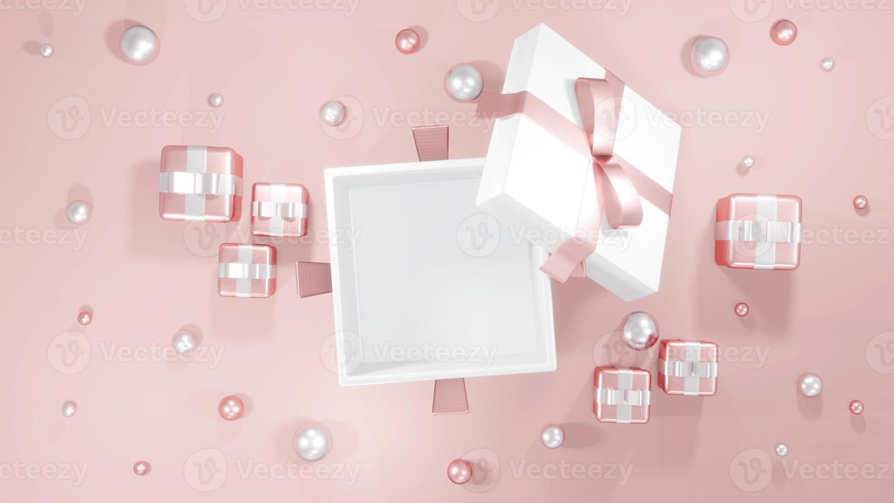 3D Rendering concept of top view of an opened gift box showing empty space inside with small presents and geometric elements around in pink theme for commercial design. 3D Render. photo