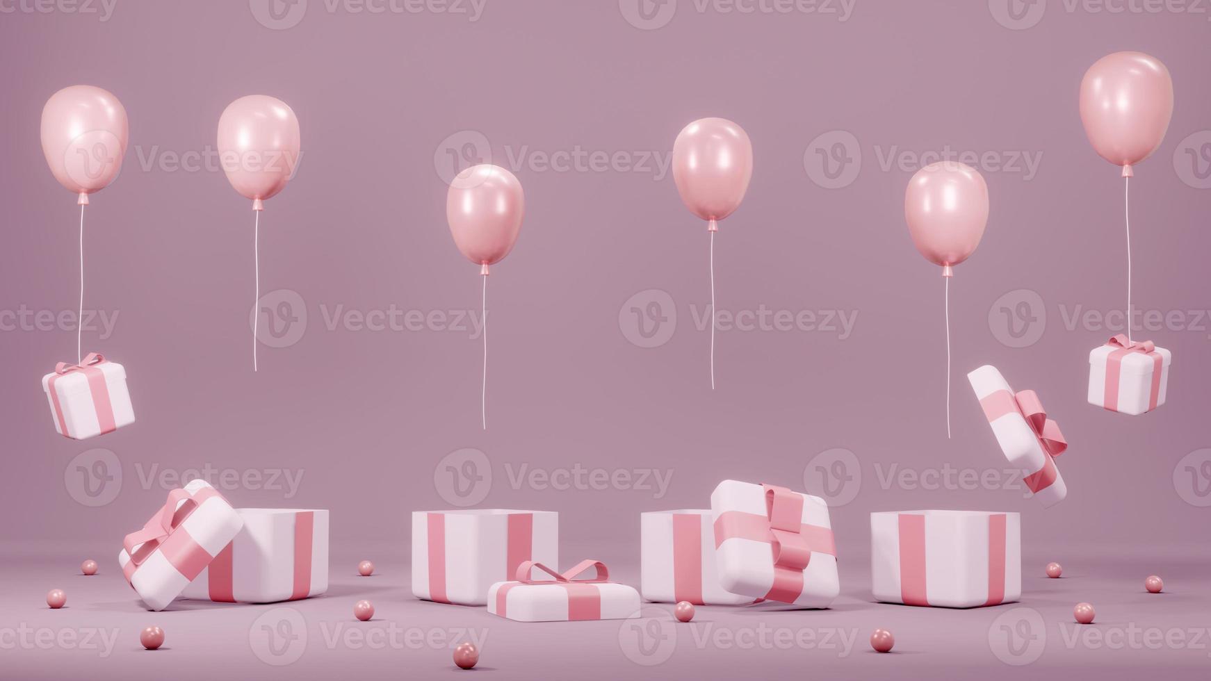 3D Rendering concept of gift boxes, balloons floating for commercial design. Pink Theme. 3D render. photo