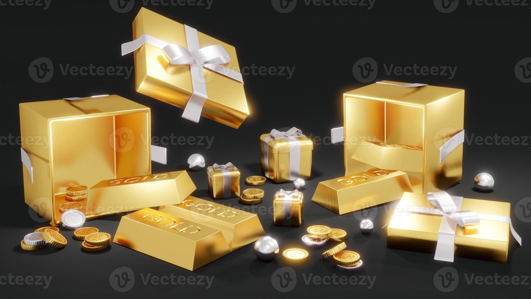3D Rendering concept of golden piggy bank, golds, golden coins, presents on black background.3D Render. photo