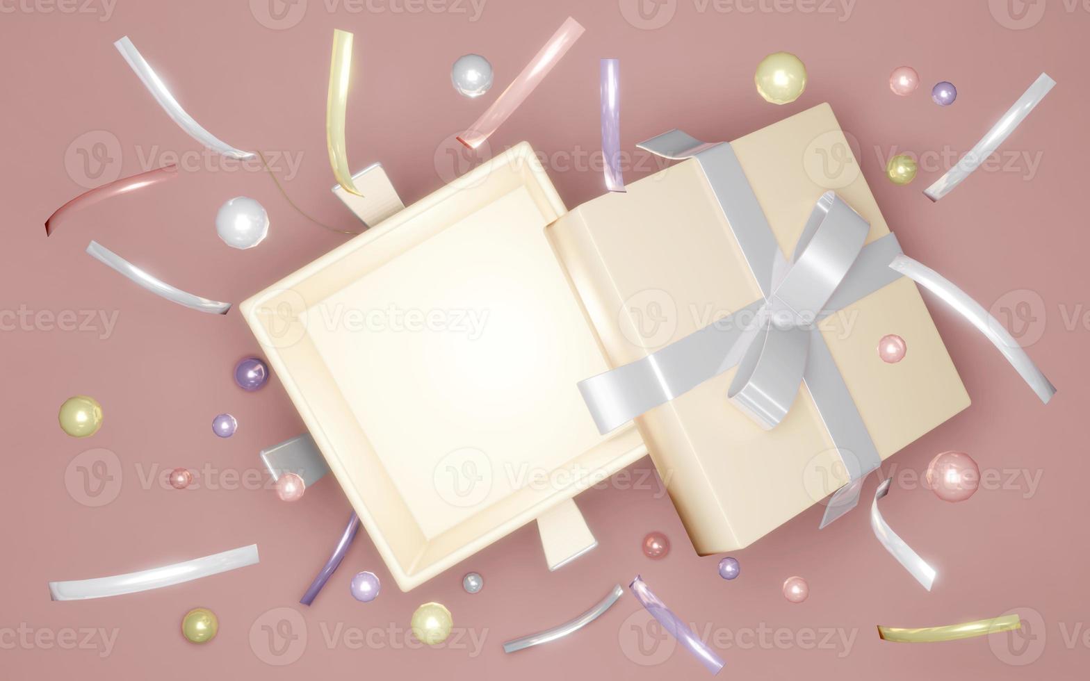 3D Rendering concept of top view of an opened gift box showing empty space inside with confetti and geometric elements on ground for commercial design. 3D Render. photo