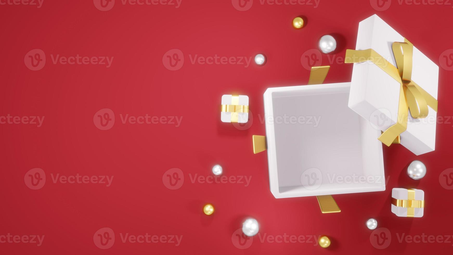 3D Rendering concept of top view of an opened gift box showing empty space inside with small presents and geometric elements around in red gold theme for commercial design. 3D Render. photo