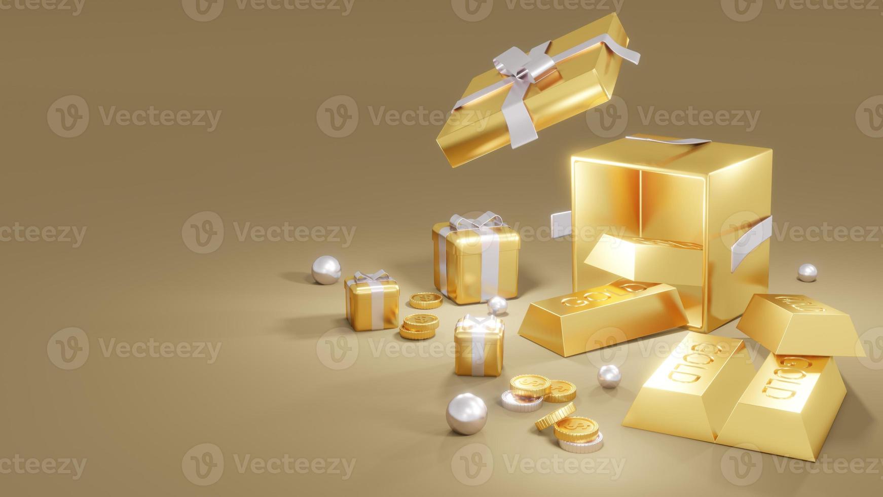 3D Rendering concept of golden piggy bank, golds, golden coins, presents on gold background.3D Render. photo