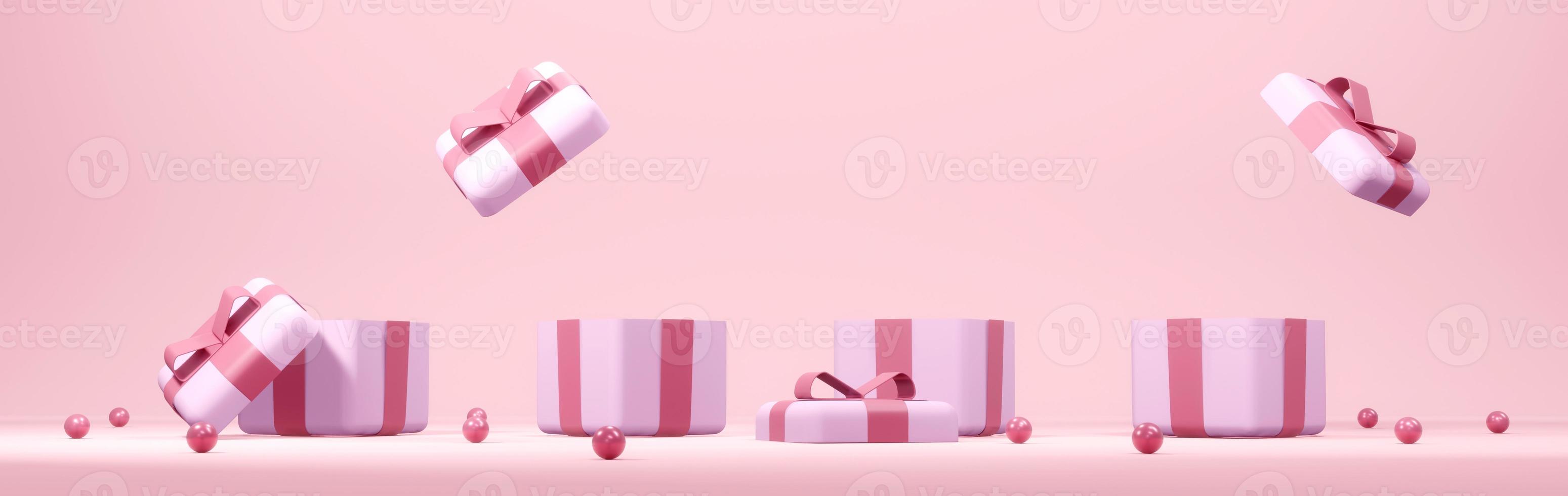 3D Rendering concept of horizontal panorama scene of opened gift boxes in pink theme. 3D render. photo