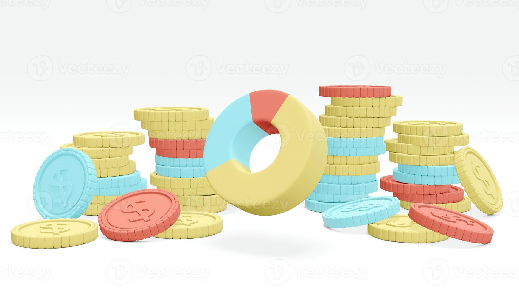 3D Rendering concept of financial planning or money investment. stack of coins in several colors and a pie chart on white background. 3D Render. 3D illustration. photo