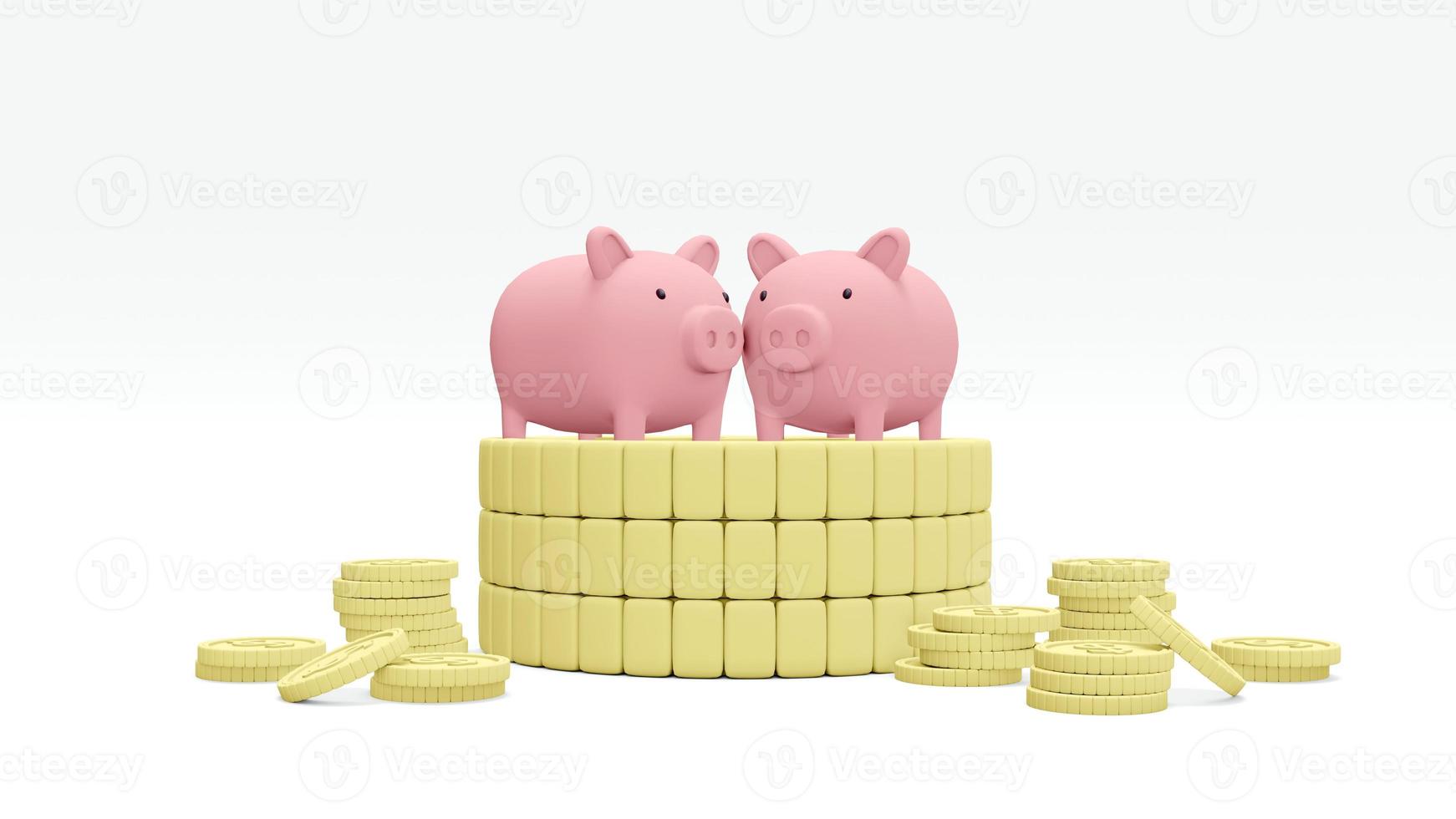 3D Rendering concept of financial family planning. Piggy banks on a big stack of coins surrounding by small coins. 3D render. 3D illustration. photo