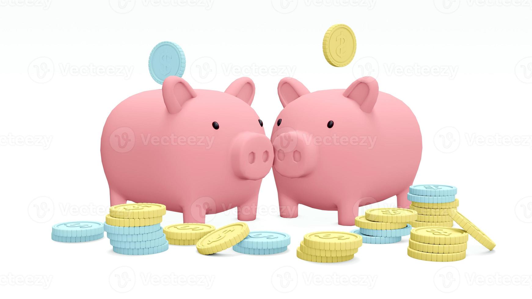 3D Rendering concept of financial family planning. Piggy banks with coins in blue and yellow colors on background. 3D render. 3D illustration. photo