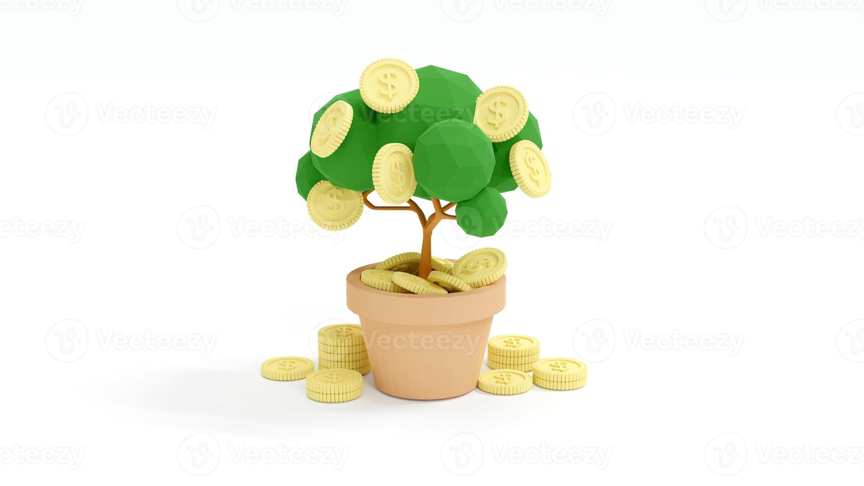 3D rendering concept of investment. Money tree in a pot with coins on white background. 3D illustration. Minimal Cartoon style. photo