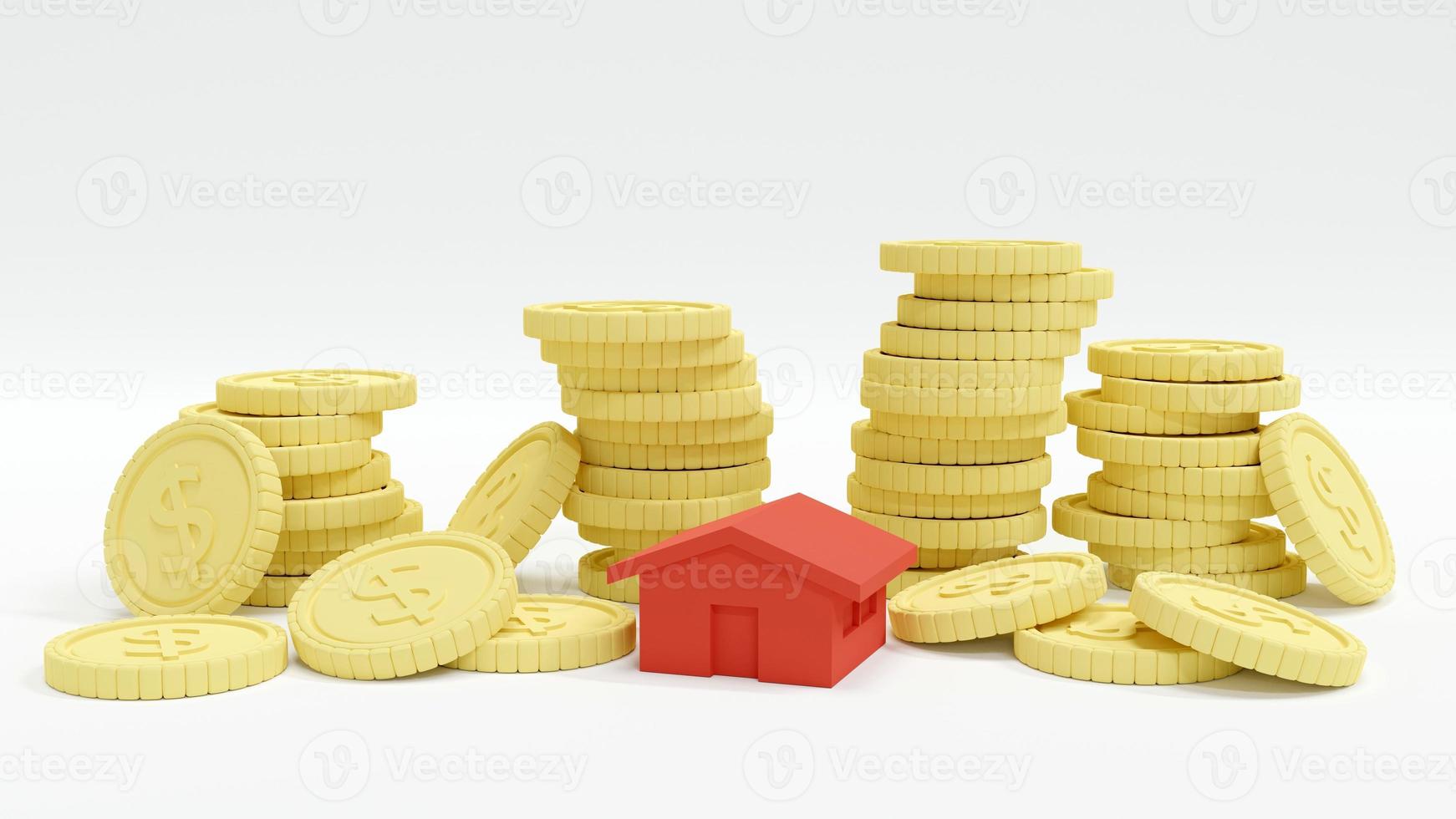3D Rendering concept of Financial, money investment in REITS. stack of coins and a tiny house bank on white background. 3D Render. photo