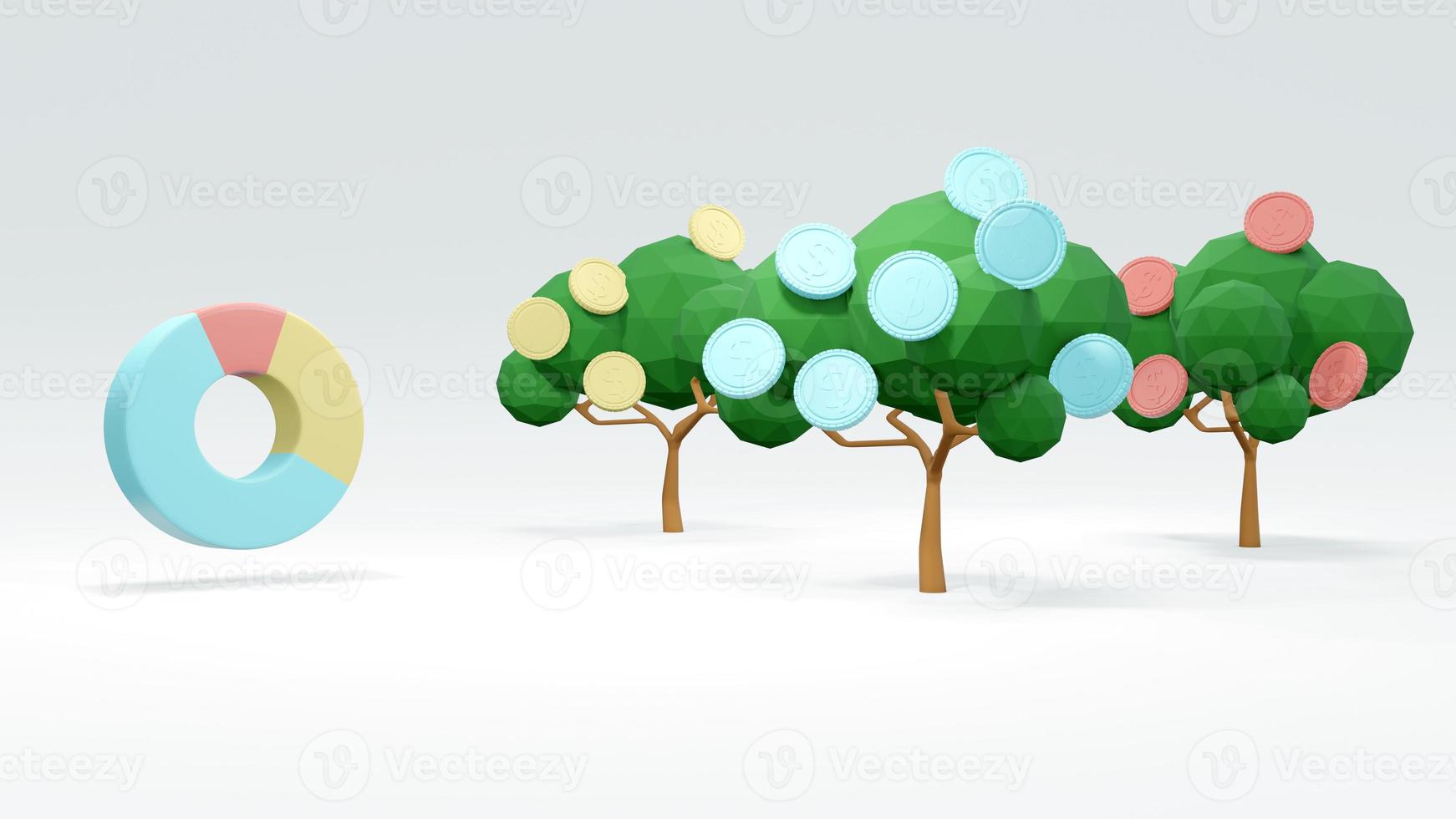 3D Rendering concept of Money investment. money trees with coins and a pie chart on white background. 3D Render. photo
