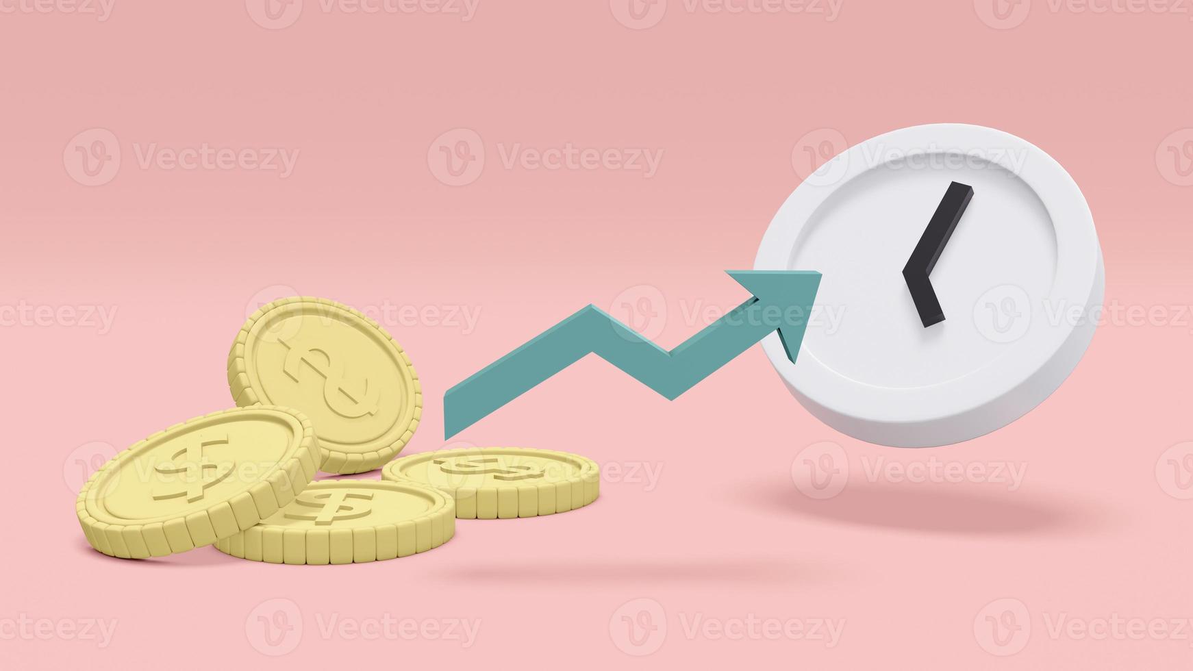 3D Rendering concept of time and investment. pile of coins and a clock, an arrow pointing. 3D Render. photo