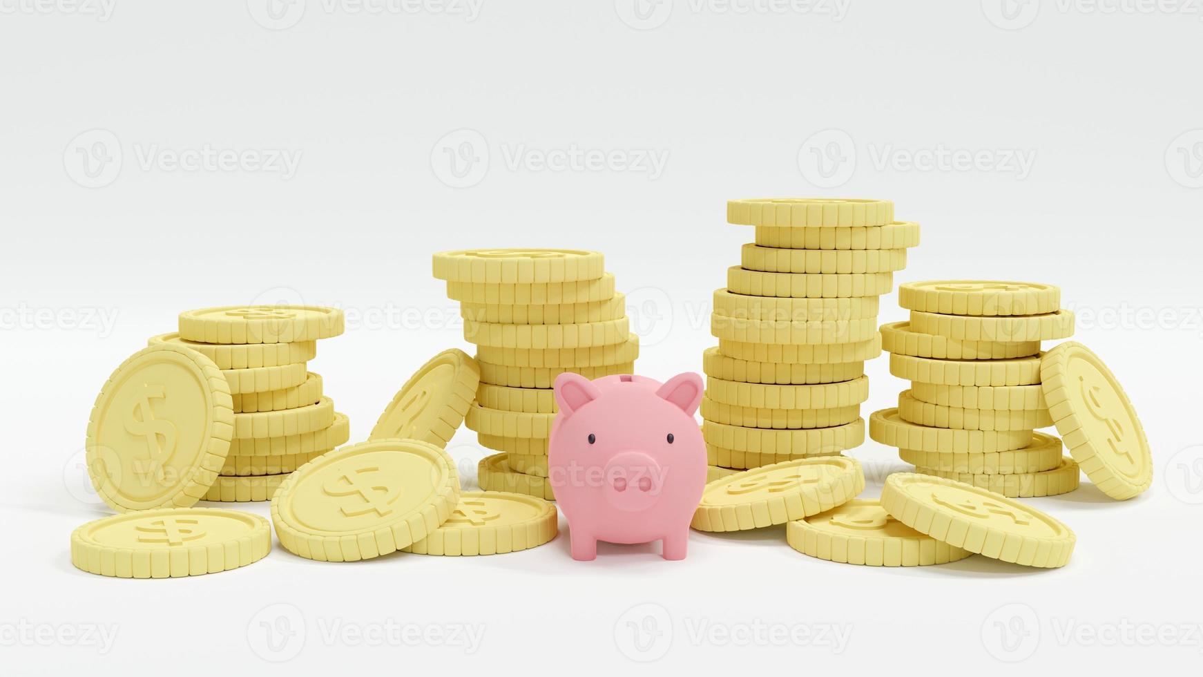 3D Rendering concept of Money saving. stack of coins and a piggy bank on white background. 3D Render. photo