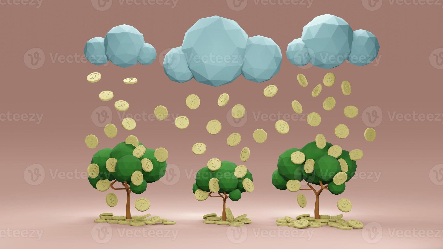 3D Rendering concept of money investment. Money rain from clouds watering money Trees with coins isolated on pink background. 3D Render. 3D illustration. Minimal style. photo