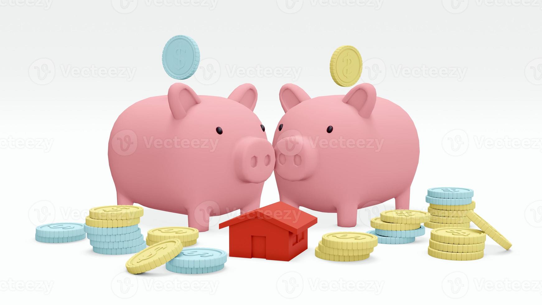 3D Rendering concept of financial family planning. Piggy banks, a house with coins in blue and yellow colors on background. 3D render. 3D illustration. photo