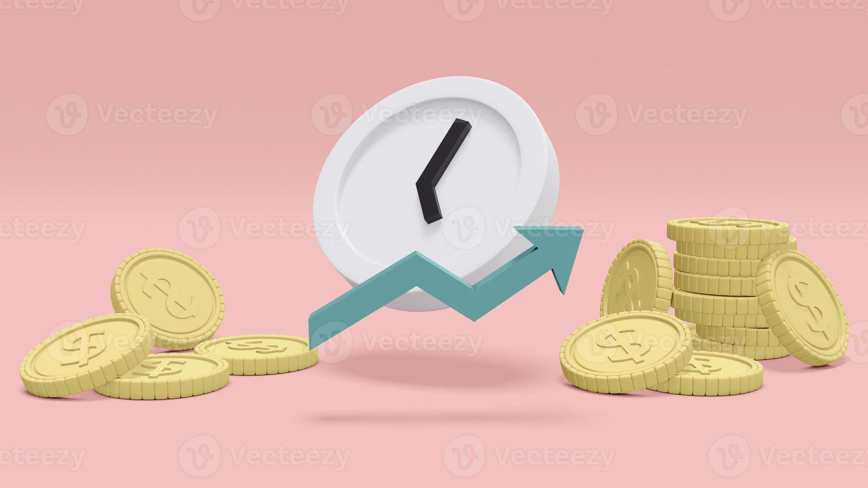 3D Rendering concept of time and investment. pile of coins with an arrow pointing up to a bigger pile of coins. 3D Render photo