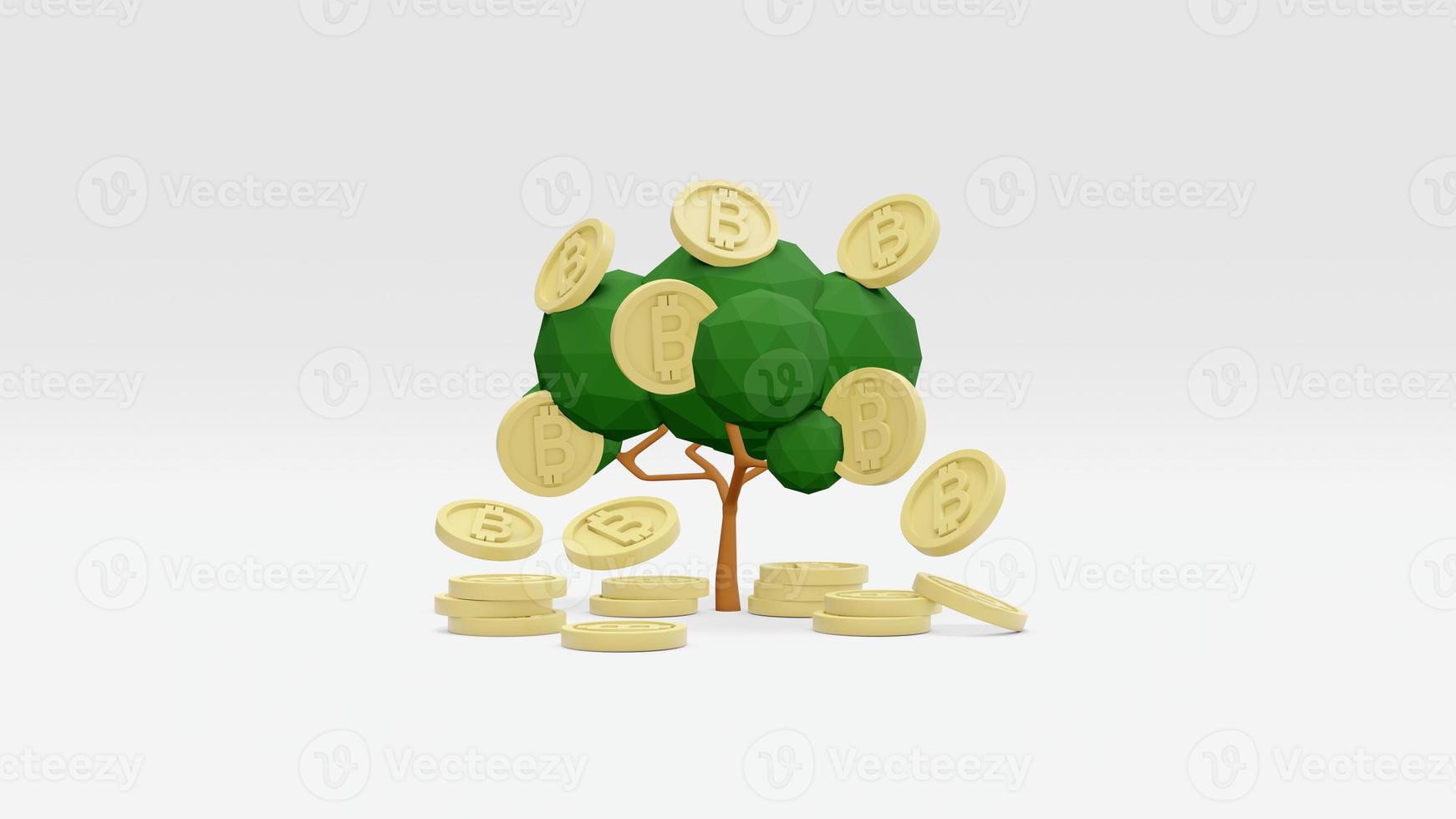 3D Rendering concept of money cryptocurrency. Bitcoin coins on money tree on background. 3D Render. 3d illustration. Minimal idea style. photo