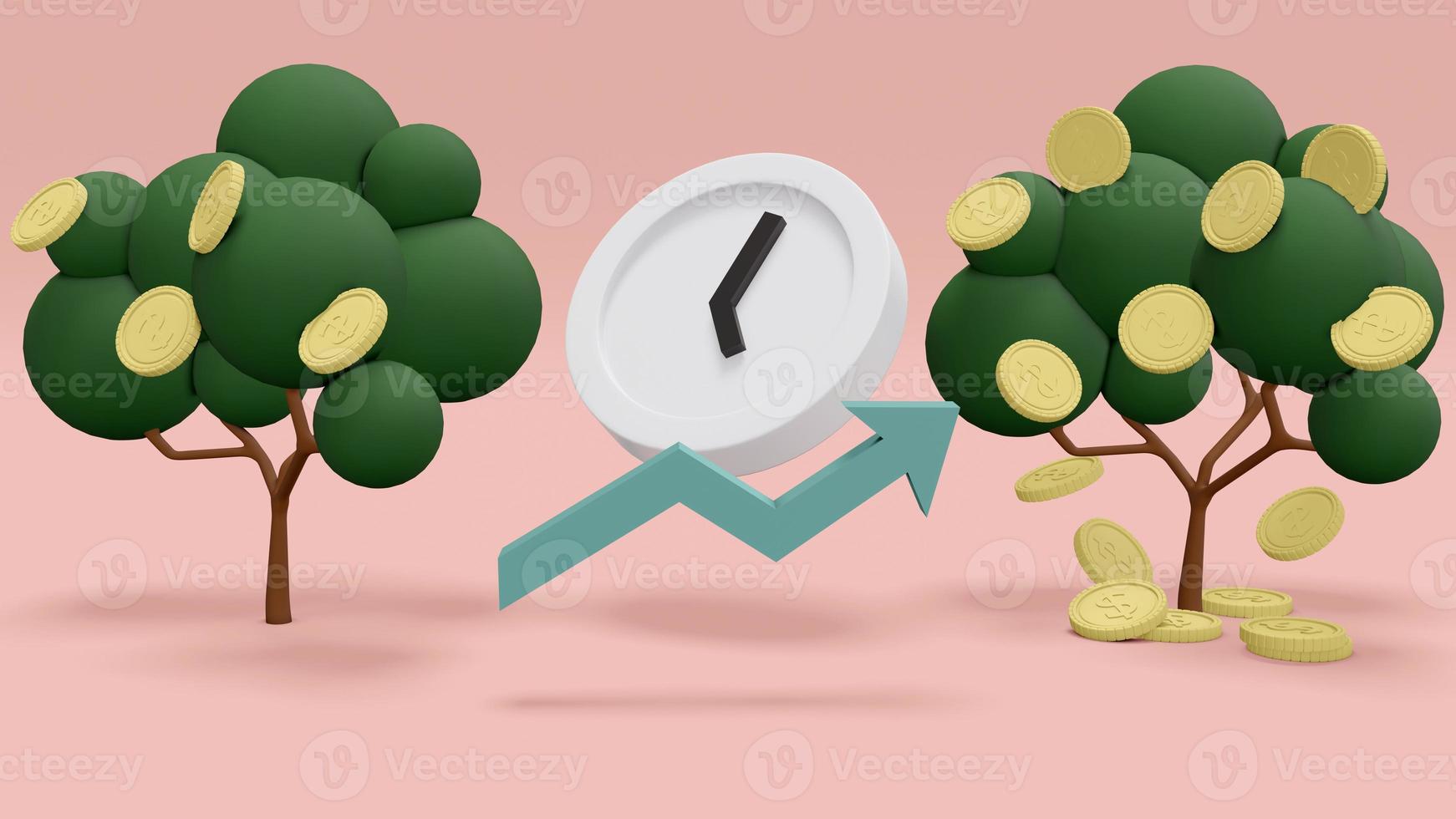 3D Rendering concept of time and investment. a money tree with coin and a clock, an arrow pointing up to a money tree with more coins. 3D Render. photo