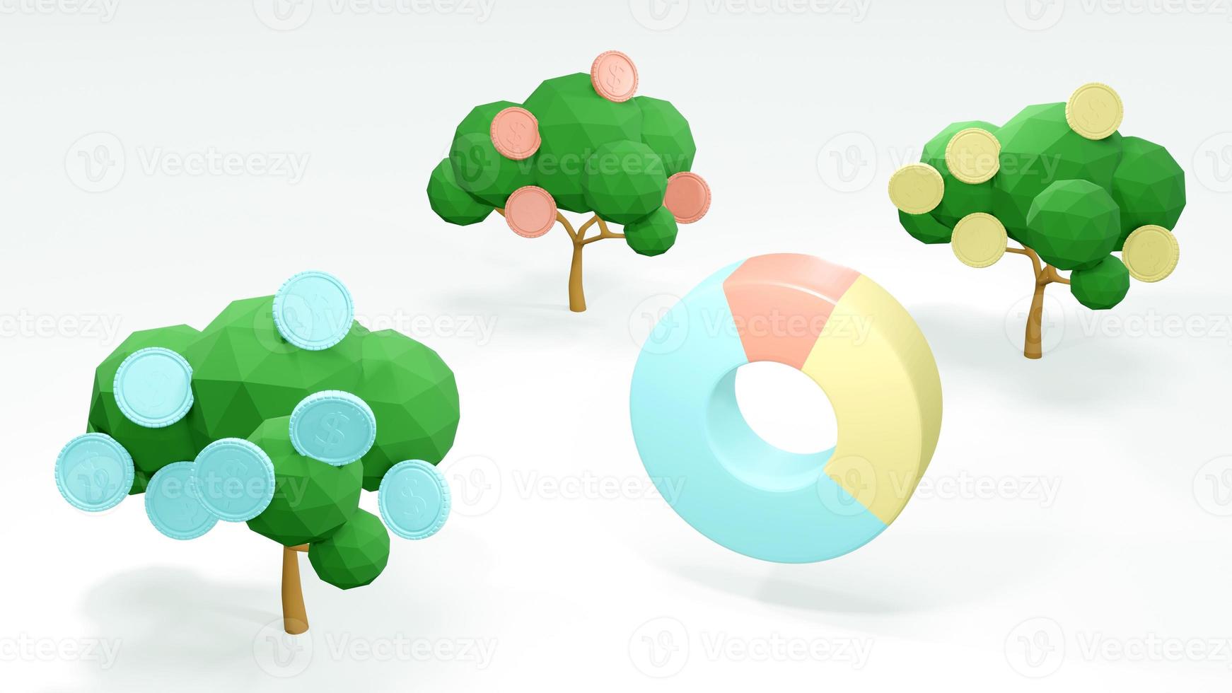 3D Rendering concept of Money investment. money trees with coins and a pie chart on white background. 3D Render. photo