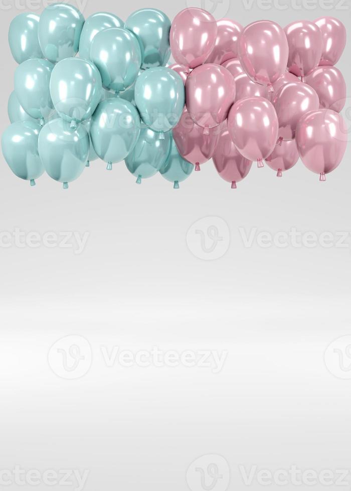 3D Rendering concept of gender reveal balloon background. Realistic pastel blue and pink balloons floating on white background room studio. 3D render. 3D illustration. Minimal idea creative concept. photo